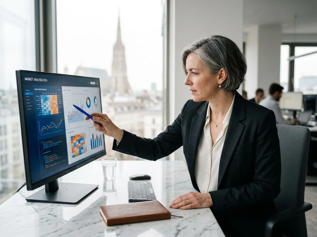 SEO-Expertin analysiert Web-Daten am Monitor vor einer unscharfen Wiener Stadtkulisse zur Ranking-Optimierung.