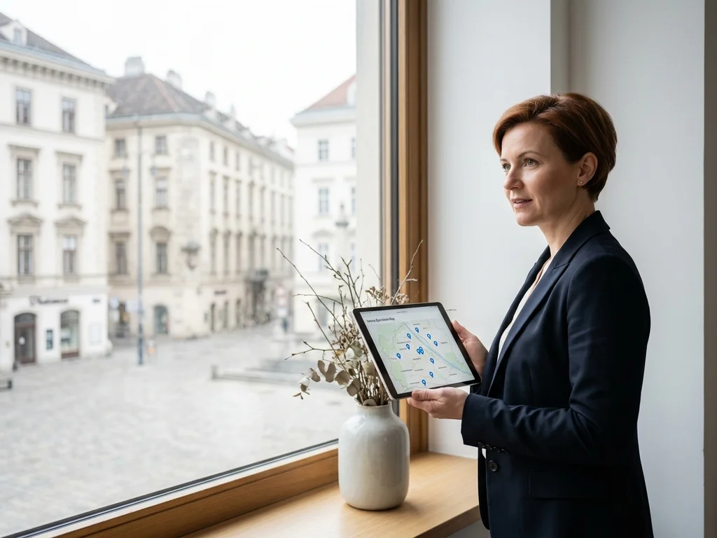 Unternehmerin analysiert lokale Google Maps Markierungen in der Wiener Innenstadt für optimierte Suchmaschinenplatzierung.